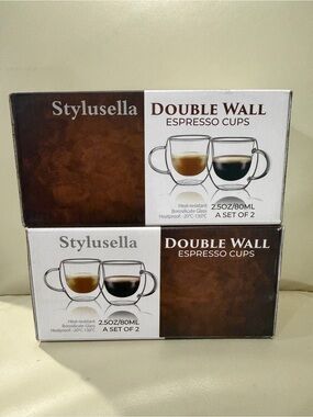 New in Box STYLUS Double Wall Espresso Cups Set - Clear Glass Set of 4 Glasses